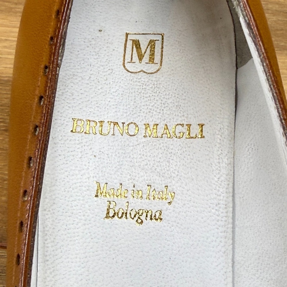 Bruno Magli Vintage 90s Brogue Pumps EU 37.5 Cognac Square Toe Old Money - Picture 10 of 11